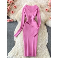 YuooMuoo Autumn Winter 2025 Women Dress Elegant Cross V-neck Slim Waist Knitted Bodycon Dress Korean Office Lady Vestidos