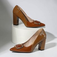 Large Size Fashion High Heels for Women, Thick Pointed Work Shoes, Metal Square Buckle Women's Shoes for One Foot
