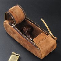 Crazy Horse Leather Tobacco Smoking Pipe Pouch Large Capacity Vintage Double Zipper Carry Bag for Men