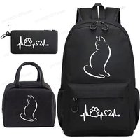 Chibi Anime Cat 3Pcs Backpack Set, Back To School Bag for Girls Boys Teenager, Shoulder Bookbag with Lunch Bag and Pencil Case
