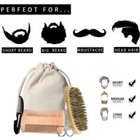 Men Shaving Bamboo Brush Comb Set Boar Bristle Portable Barber Beard Brush Comb Scissors for Facial Cleaning Styling Tool
