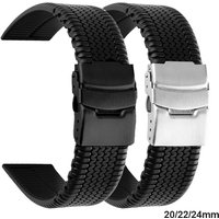 20mm 22mm 24mm Soft Silicone Watchband Black Tire Pattern Sport Rubber Wrisband Waterproof Metal Fold Buckle Universal Strap
