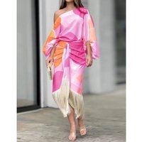 Fashionable Fringed Printed Women Skirt Two-piece Set Spring Autumn Elegant Slanted Collar Mid Length Sleeve Women's Skirt Set
