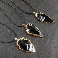 Natural Black Obsidian Arrow Shaped Crystals Pendant Golden Edge Plated Raw Healing Crystal Irregular Arrow Head Amulet Necklace