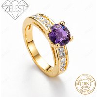 925 Sterling Silver 18K Gold Plated Luxury Purple Round Zircon Ring for Women, Fashion Party Gift Accessory