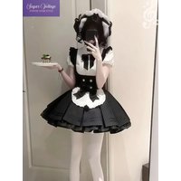Japanese Sweet Cute Retro Maid Dress Women Elegant Lolita Cosplay Outfit With Apron Bow Ruffle Trim Short Sleeve Party Dress