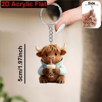 2D flat, highland cow pattern acrylic keychain for drinking bubble tea, cute cartoon pendant keyring, no electricity required.
