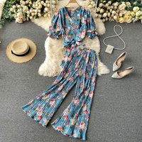 Women Summer Bohemian Floral Set V Neck Puff Sleeve Short Tops+High Waist Pleated Wide Leg Long Pants Two Pieces Suits