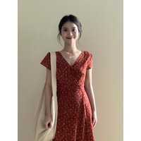 Stunning Red Floral Print Waist-Cinched Maxi Dress for Commute Summer Beautiful Skirt A-Line Silhouette Short Sleeve V-Neck
