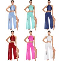 Womens Lyrical Dance Outfit Rhinestones Top And Shimmering Mesh Legs Wide Leg Pants with Built-in Briefs Modern Dance Costume