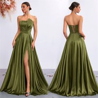 A Line Satin Slit STrapless Pleat Evening Bridesmaid Dresses Wedding Party Formal Prom Birthday Floor Length Lace Up Back