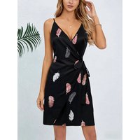 Mini Dress Spring Summer Women Black Satin Feather Print Spaghetti Strap Deep V Wrap Belted Casual Sexy Vacation Dress