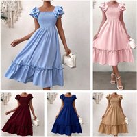 Summer Woman Dress Square Neck Cap Sleeve A Line Dresses Floral Print Maxi Dress Smocked Bodice Off Shoulder Pastel Blue Gown