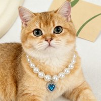 2Pcs Love Pendant Pet Necklace Imitation Pearl Cat and Dog Fashion Collar High Elasticity Anti Pinch Cat Necklace Accessory