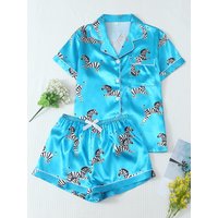 Two-Piece Comfortable Satin Zebra Print Lapel Button-Down Short-Sleeve Top with Pockets and Bow Shorts Spring/Summer Women's Pajama Loungewear Set Suitable for Home Use
