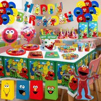Elmo and Friends Birthday Party Decorations Sesames Street Theme Paper Tableware Tablecloth Cups Plates Napkin Cake Topper Hats