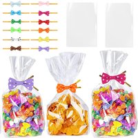 100Pcs Transparent Cellophane Bags Clear OPP Plastic Flat Open Gift Bags with Gold Ties for Candy Cookie Wedding Birthday Favors