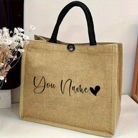 Personalized Name Linen Tote Bag with Love Print Heart Symbol Reusable Shopping Bag Durable Buckle Closure Beach Travel Weddings