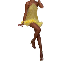 Sexy Feather Glitter Halter Short Dress Women Sleeveless Backless Yellow Female Party Dresses 2025 Summer Lady Beach A-line Robe