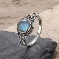 Vintage 925 Sterling Silver Ring With Natural Labradorite Stone 8MM Round Shape Strong Light Gemstone Ring Gifts For Women Men