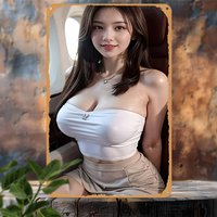Vintage Sweet Asian Woman Metal Tin Sign - Retro Alluring Girl with Long Wavy Brown Hair in White Strapless Crop Top & Beige