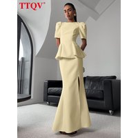 TTQV Summer Slim Yellow Knitted Skirt Sets Woman 2 Pieces 2026 Fashion Short Sleeve Shirt With High Waist Long Skirt Set Female