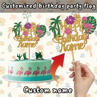 1/3 Pcs Hawaiian Beach Cake Toppers, Customized Name with "Happy Birthday" Letters-Summer Birthday Party Decoration, Pool Party