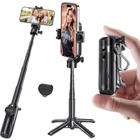 P15 Mini Tripod Stand Portable Pocket-Sized Selfie Stick for iPhone with Rechargeable Remote And Metal Clasp, Black