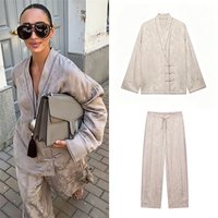 Costume pour femmes Guobioziy, nouvelle collection automne 2026, blazer à double boutonnage en jacquard à col en V, pantalon ample à jambes larges.