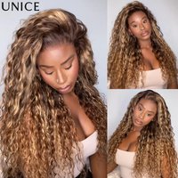 UNice Honey Blonde Highlights Water Wave Wig Side Part 13x4 Bye Bye Slip™ Lace Frontal Human Hair Wigs 150% Density