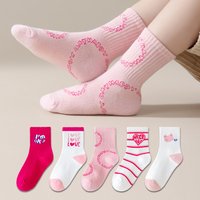 5 pairs of spring and summer children's socks for girls, pink heart striped cute casual socks