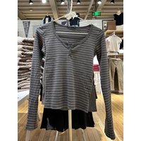 Vintage Striped Slim Long Sleeve T-shirts Autumn Casual Round Neck Streetwear Cotton Tees Women Classic Harajuku Button Tops Y2k