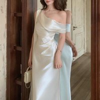 Olivegirl White Satin Sloping Shoulder Dress High-end French Ribbon Dress Elegant Goddess Waist Cinched Banquet Evening Dresses