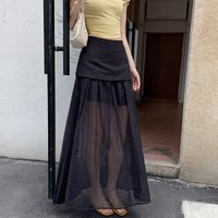 Korean Style Low Waist Color Mesh Patchwork High Waist Skirt Women's Summer Simple Elegance Slimming A-Line Skirt