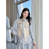 Blue Striped Heavy Embellied irt Sle Button up ort Sve Women's Faion Set Sweet Aesthetic Early Spring New A...
