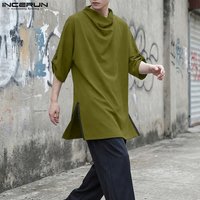 INCERUN Men's T Shirt Solid Color 3/4 Sleeve Loose Casual Menswear Clothing Streetwear 2026 Fashion Long Style Tee Tops For Man