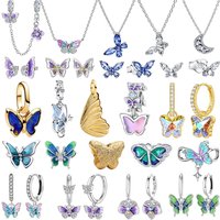 New Original 925 Sterling Silver Colorful Butterfly Charms Flower Earrings Bead Clip Pendant Fit Bracelet Necklace Jewelry Gift