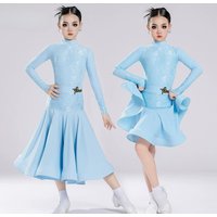Sky Blue Latin Dance Modern Dance Children's Girls' Three-Piece Lace Costume for Examination, Training and Performance