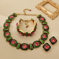 Vintage European and American Fashion Geometric Square Enamel Gemstone Necklace Bracelet Earrings