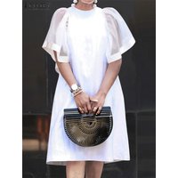 Vintage Ruffle Short Sleeve Sundress ZANZEA 2025 Summer Women Mini Dress Mesh Patchwork Party Casual Loose Dresses Solid Vestido