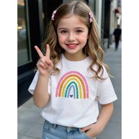 Kids Girls Crew Neck T-Shirt, Glitter Rainbow Small Heart Graphic Print Short Sleeve Casual Basic Tee