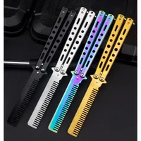 Foldable Stainless Steel Butterfly Knife Comb Practice Training Tool Beard Moustache Brush Portable Hair Styling Tool