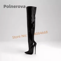 16Cm Patent Leather Long Boots Women Black Pointed Toe Stiletto Sexy Winter Over The Knee Boots Stylish Women's Large Size Shoes