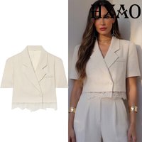 HXAO Cropped Jacket Lace Blazer Woman Office Wear Short Sleeve Blazer Women Summer Button Casual Commutes Blazer Female Suit