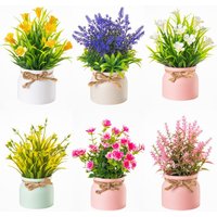 6pcs Artificial Potted Flowers Small Bonsai Flowers Pot Plastic Fake Potted Plants Ornaments Wedding Home Office Table Decor