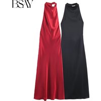 BSAY Women's clothing Fashion Satin Texture Halter Elegant long Dresses red Backless sexy Chic Female Evening Mujer