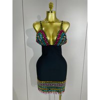 2025 Sparkly Colorful Diamonds V Neck Black Bodycon Bandage Dress Celebrity Elegant Evening Club Party Luxury Birthday Dresses