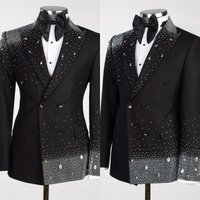 Sparkly Rhinestone Men's Suit Coat Peaked Lapel Tuxedos Double Breasted Groom Wear Business Party Only Blazer Customized