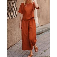 Casual Ethnic Style Summer Large Size Women's Two-Piece Set Crew Neck Short Sleeve Shirt Micro Flare Nine-Piece Pants