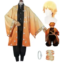 Anime Agatsuma Zenitsu Cosplay Costume Yellow Shawl Coat Black Fight Uniform Full Set Wig Man Woman Masked Ball Suit